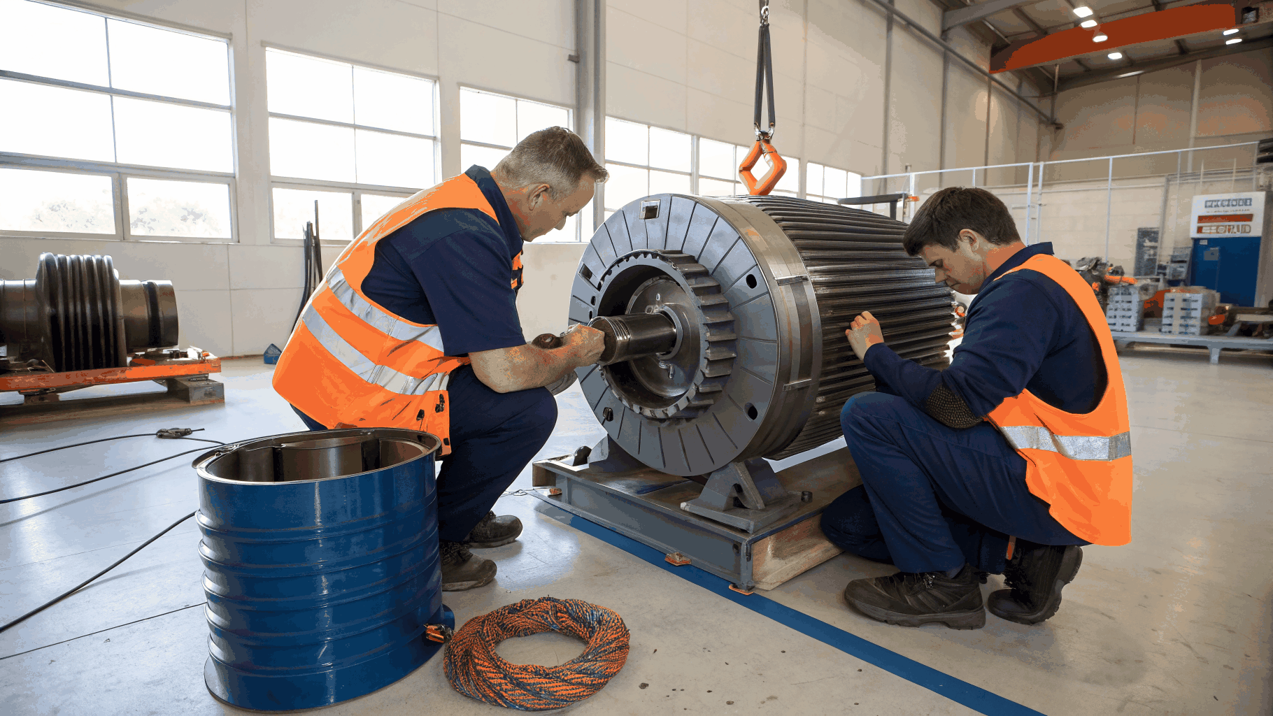Industrial equipment technician servicing a mechanical bull dual-axis motor base and gearbox